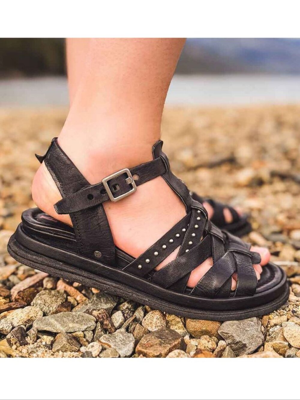 A.S.98 Minerva SANDALS Size 7 Black Strappy Studs Low Wedge Leather EUC